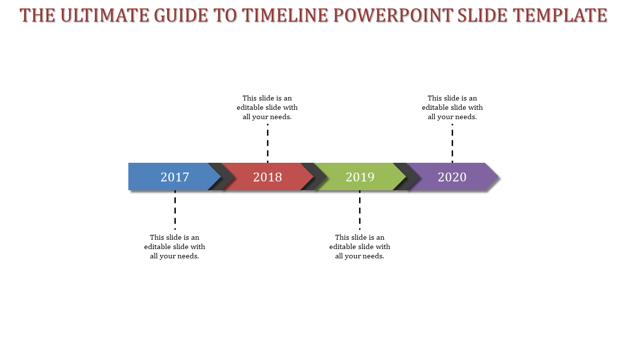 Horizontal timeline with four arrow shaped segments in blue, red, green, and purple, labeled 2017 to 2020.