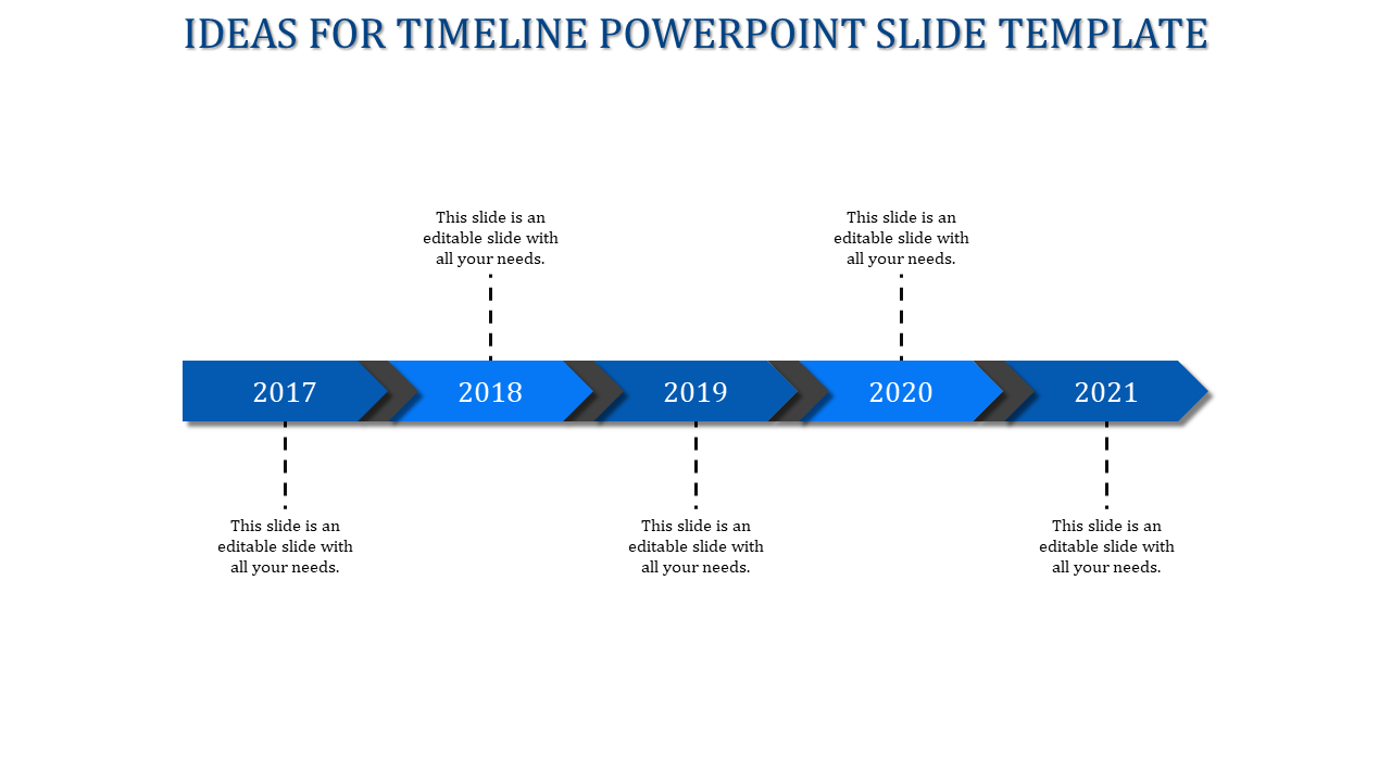 Timeline slide with a blue gradient arrow bar, featuring black dividers and milestone years from 2017 to 2021.