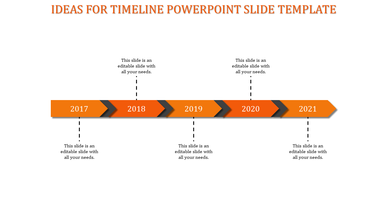Arrow shaped timeline template with five orange colored year segments 2017-2021 and multiple placeholder text sections.