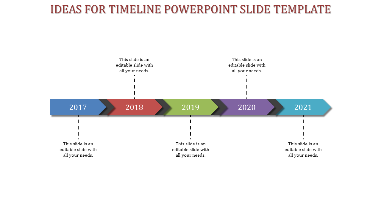 Horizontal arrow-shaped timeline with five colored segments spanning 2017-2021 and vertical connectors to content areas.