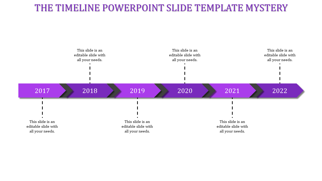 Purple horizontal timeline featuring six consecutive years with vertical dashed lines leading to caption areas.