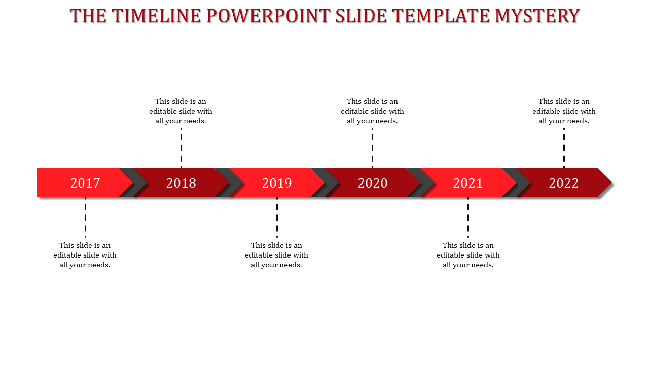 Timeline with a red gradient bar, featuring black arrow separators, and six years labeled with vertical dashed lines.