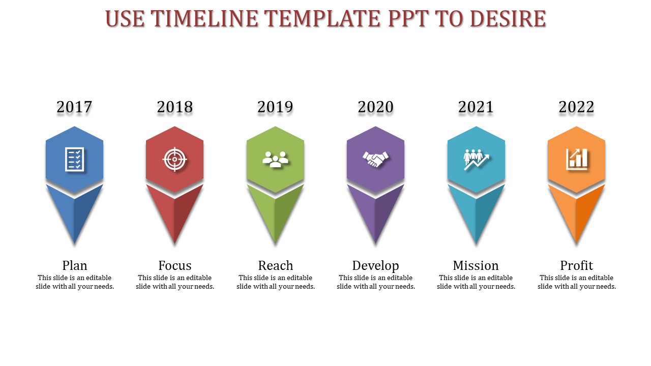 Timeline PPT template from 2017 to 2022 with colorful icons from plan to profit with placeholder text.