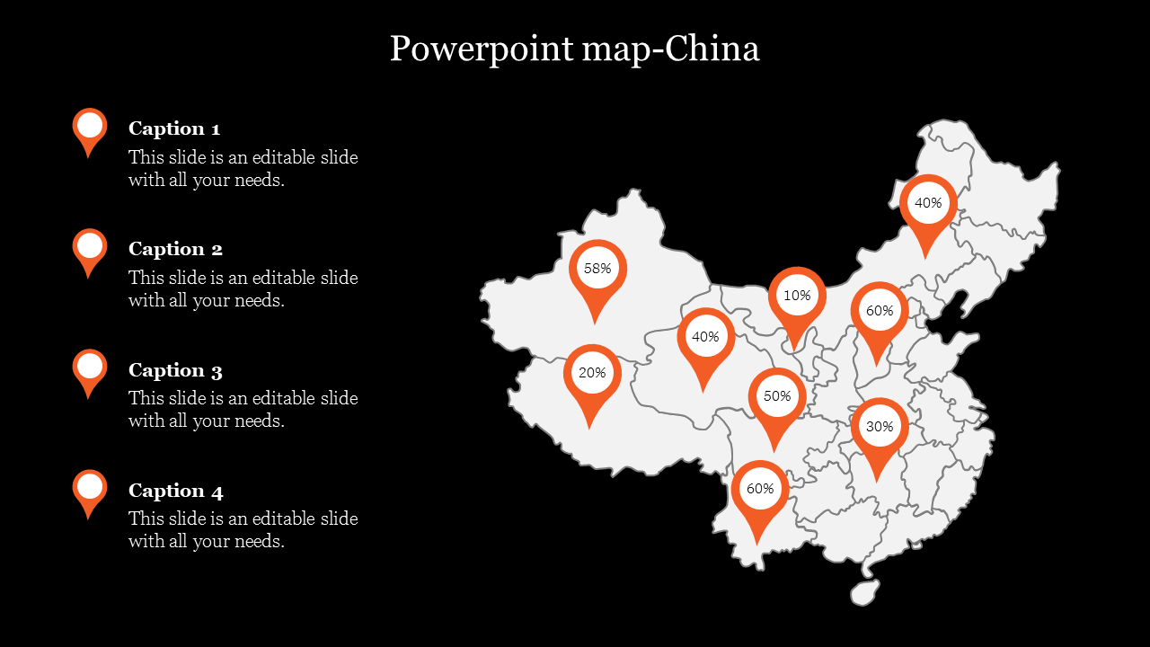 China map slide with orange location markers displaying percentages, set against a black background with captions on the left.