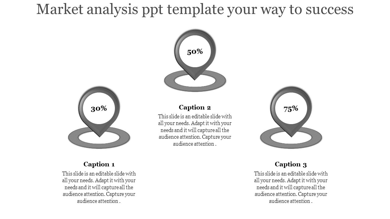 Market analysis template featuring three grey map pins with 30%, 50%, and 75%, aligned in a triangular pattern.