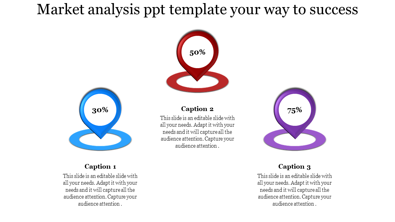 Market analysis template featuring three colored pins (blue, red, purple) with percentages 30%, 50%, and 75%.