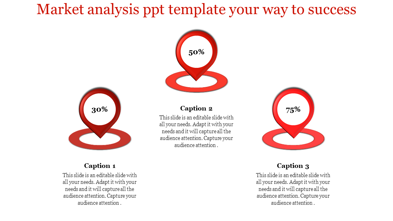 Market analysis slide with three red location pin icons displaying percentages labeled with captions.