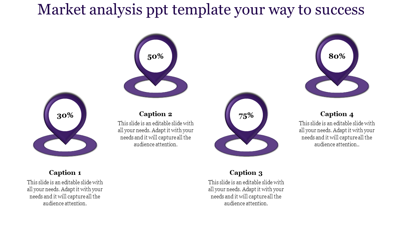 Market analysis template with four purple location markers displaying progress percentages, each with a caption area.