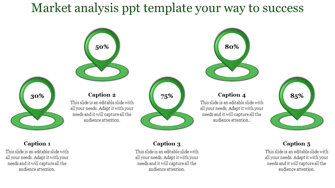 Market analysis PowerPoint template with five circular icons representing percentages from 30 to 85 percent with captions.