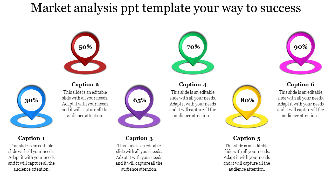 Six pin shaped icons in blue, red, purple, green, yellow, and pink, each with percentages and captions on a white background.