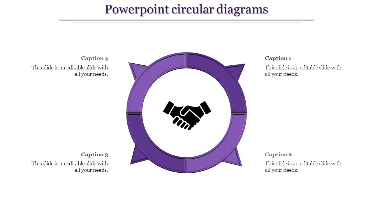 PowerPoint circular diagram featuring a purple circle with a handshake icon in the center.