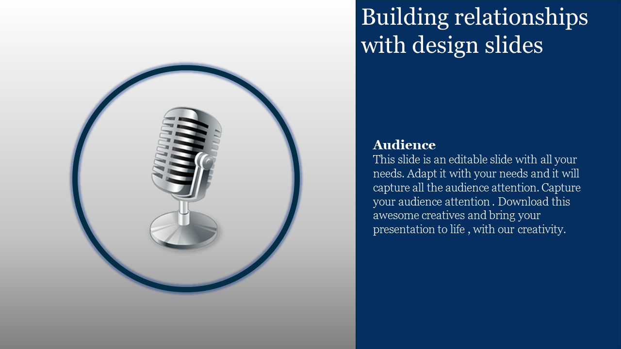 Slide featuring a classic microphone illustration inside a circular frame, with text on a dark blue background.