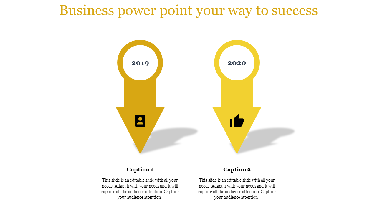 Business slide with arrows labeled for 2019 and 2020, featuring icons for a person and a thumbs up with captions.