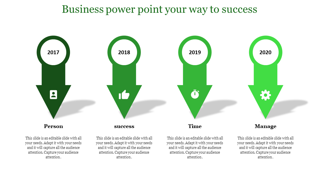 Green business PowerPoint slide featuring arrows for 2017, 2018, 2019, and 2020 with icons from person to manage with text.