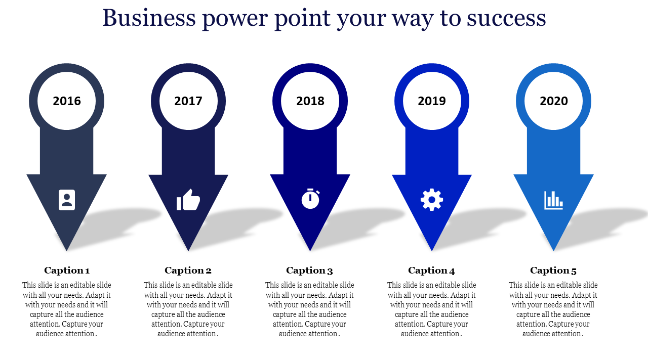 Business-themed slide with five steps represented by blue downward arrows containing icons and captions areas.