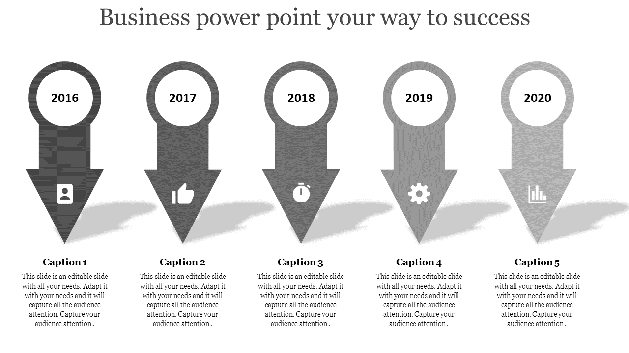 Grayscale business slide with arrows, showing years 2016 to 2020 and icons for user, like, clock, settings, and statistics.