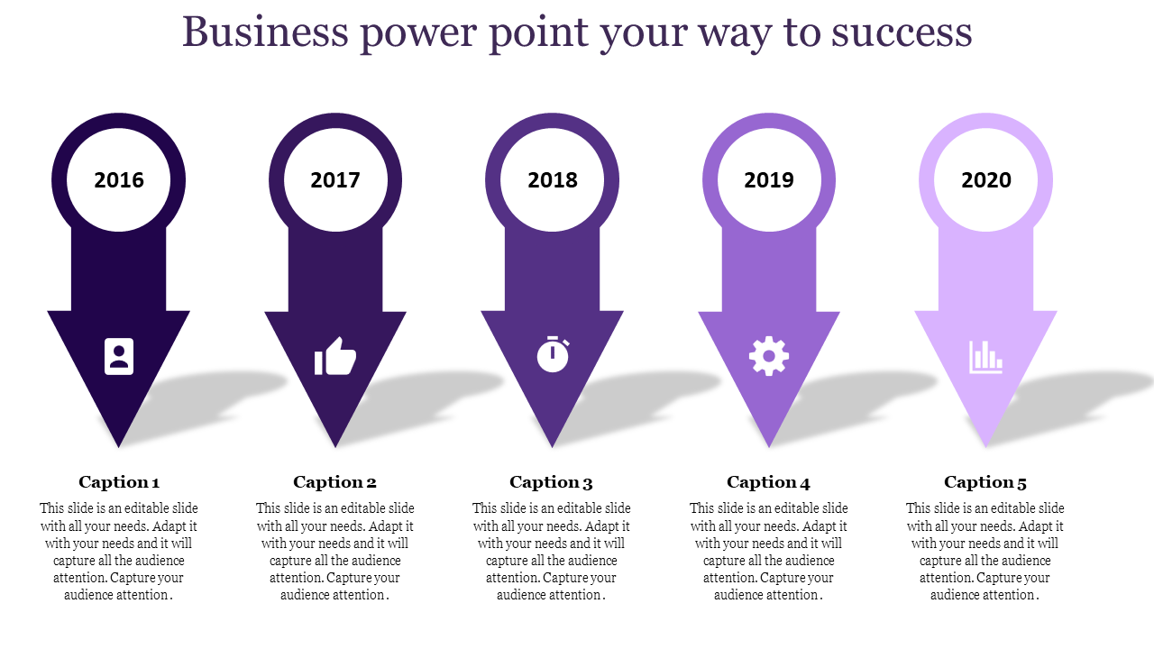 Five downward purple gradient arrows with years 2016 to 2020, each labeled with icons and captions below.
