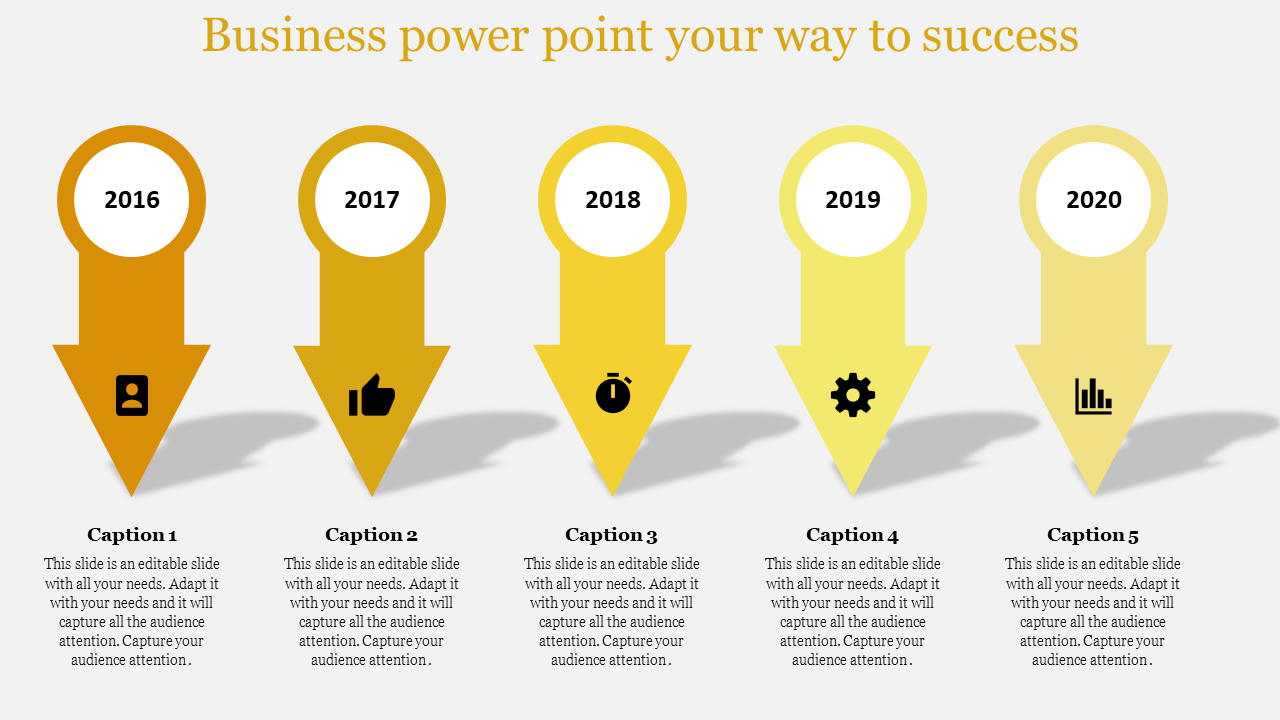 Business timeline with five arrows pointing down, labeled 2016–2020, with user, thumbs-up, timer, gear, and chart icons.