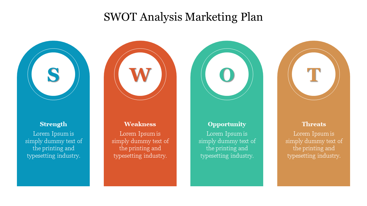 Four-segment SWOT analysis template with large initial letters and distinct color backgrounds for each section.