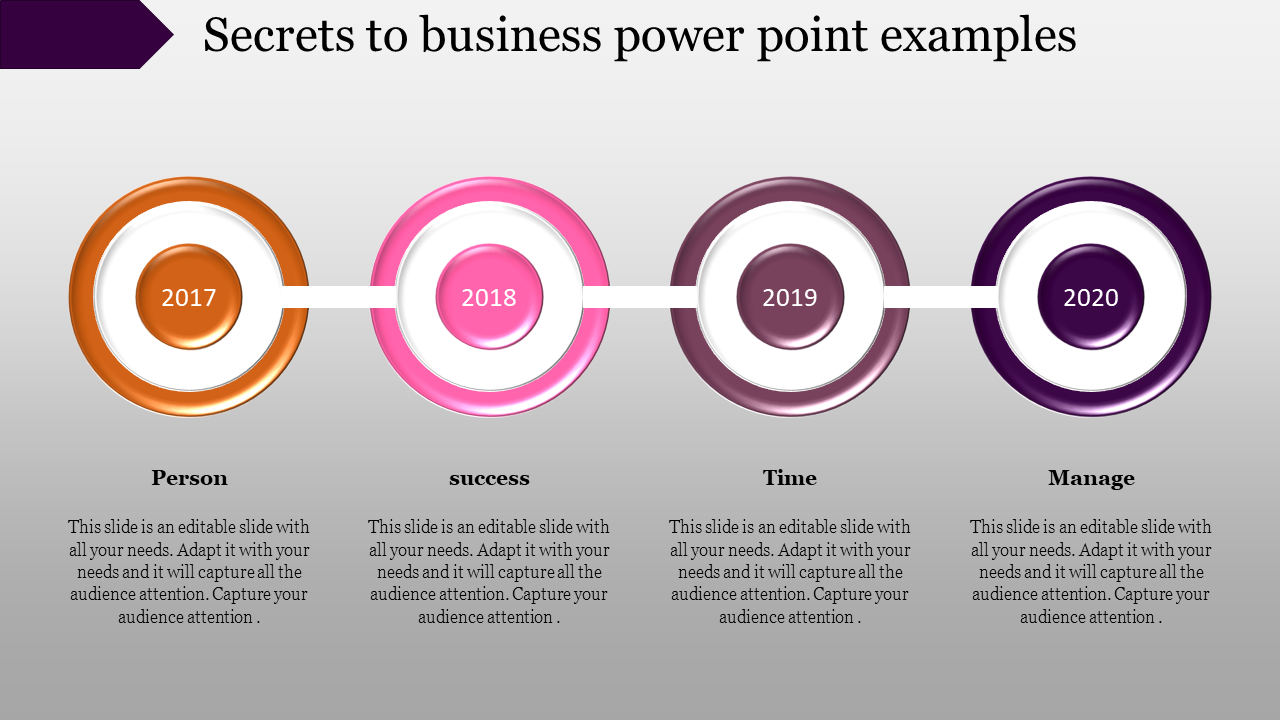 Timeline layout with four circular milestones in orange, pink, brown, and purple, connected by a white line.