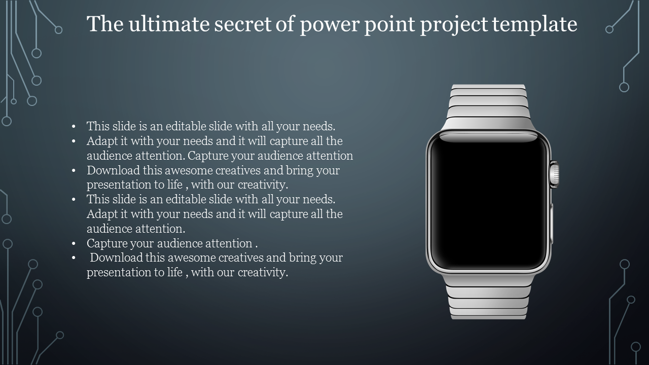 PowerPoint project template featuring a focus on an Apple Watch and circuit background and placeholder text.