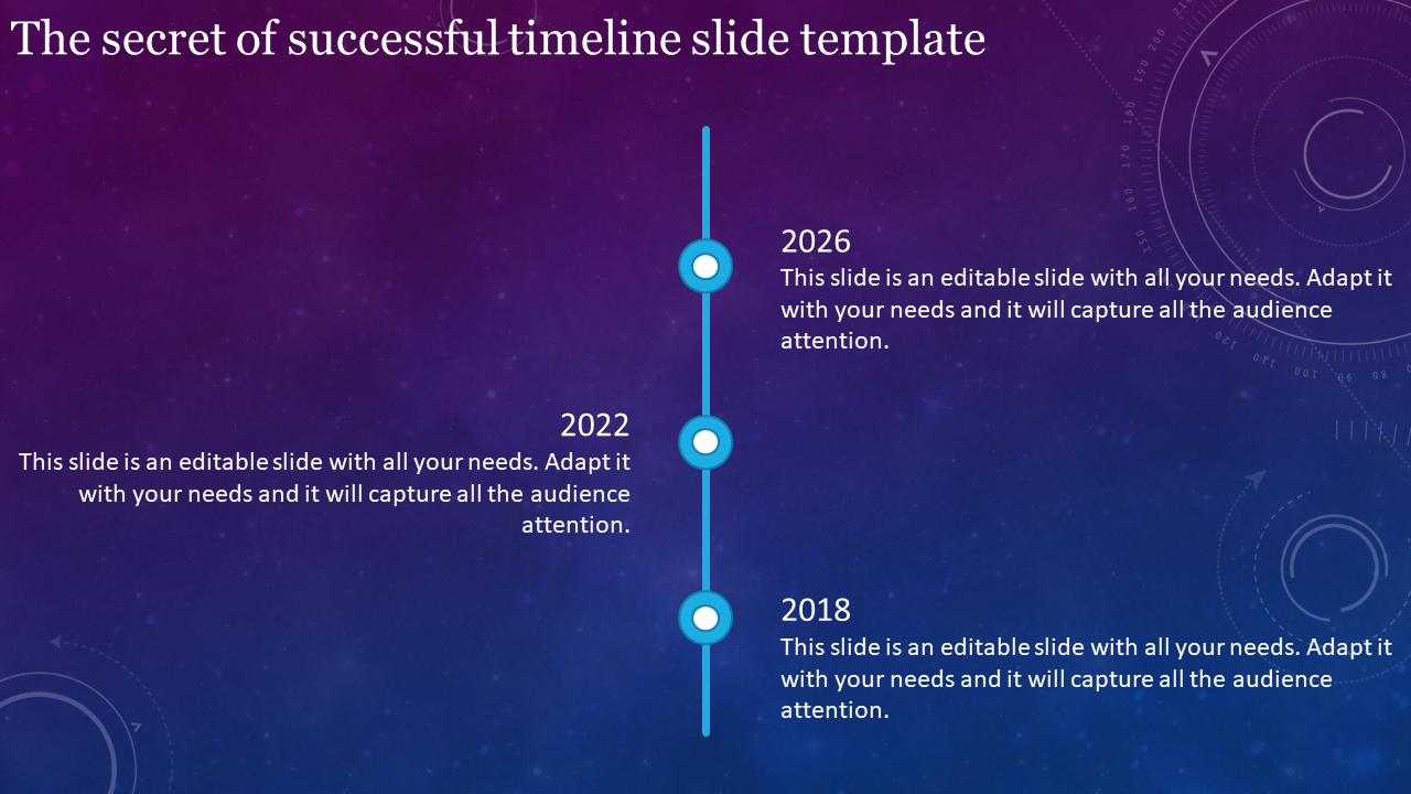 Dark-themed slide featuring a vertical timeline with blue nodes and milestone years 2018, 2022, and 2026.