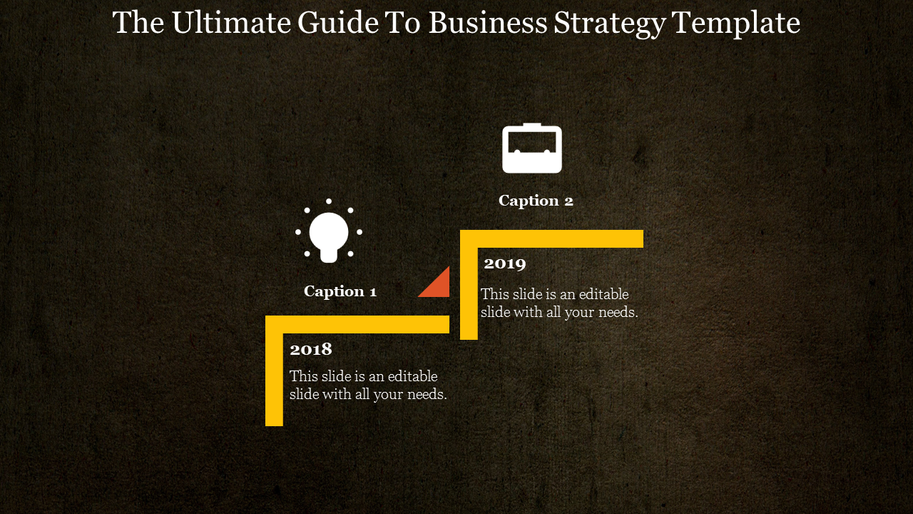 Business strategy slide showing two milestones with captions, in yellow staircase design, on a dark textured background.