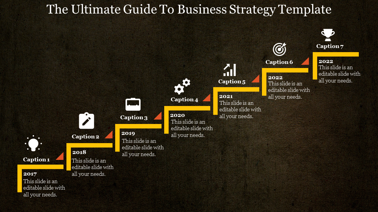 Business strategy timeline with yellow staircase, milestone icons like lightbulb, gears, and trophy, spanning 2017-2023.