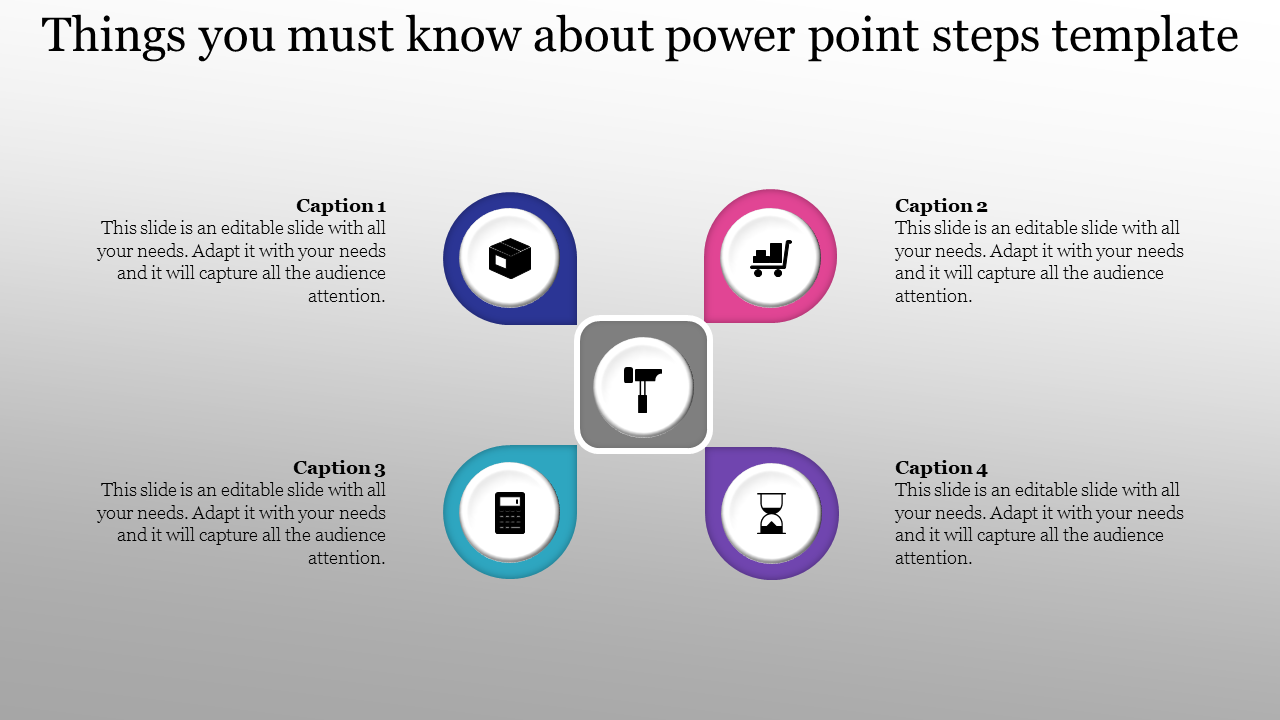 Gray centered steps template with four captions featuring color-coded icons  box, cart, calculator, and hourglass.