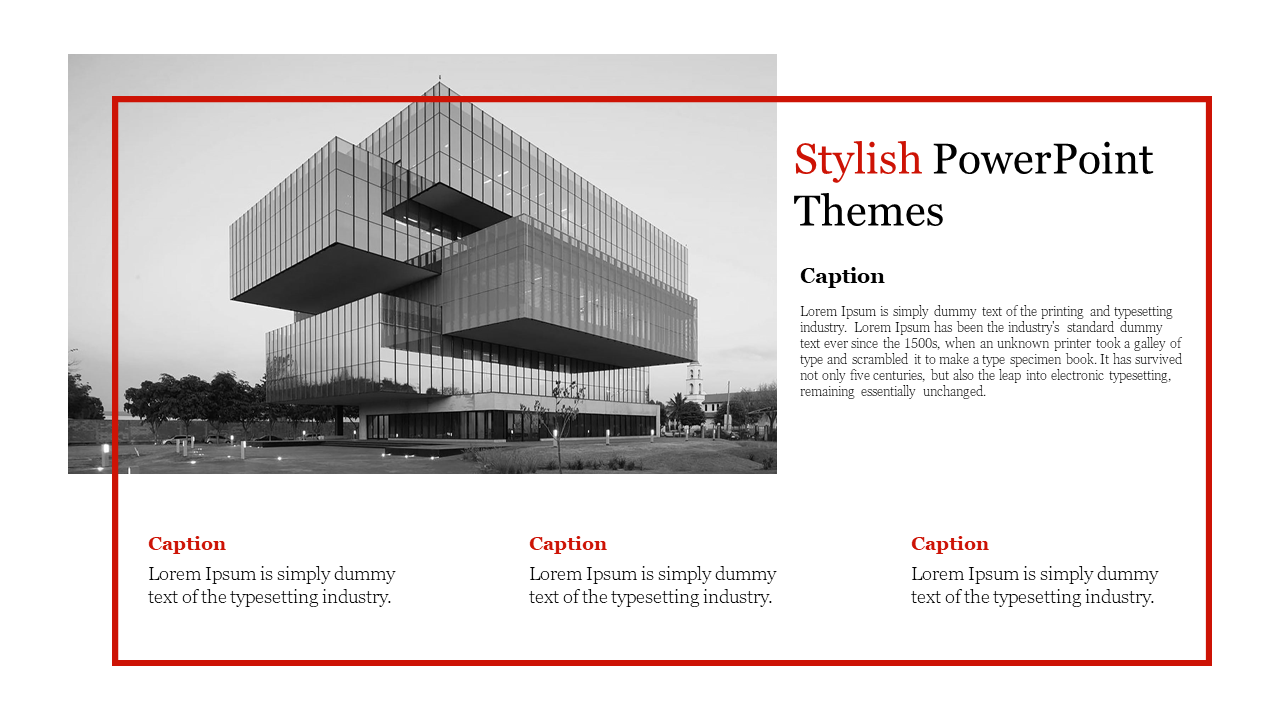 Stylish layout with black and white building photo, bold red accents, and three bottom beneath a central title section.