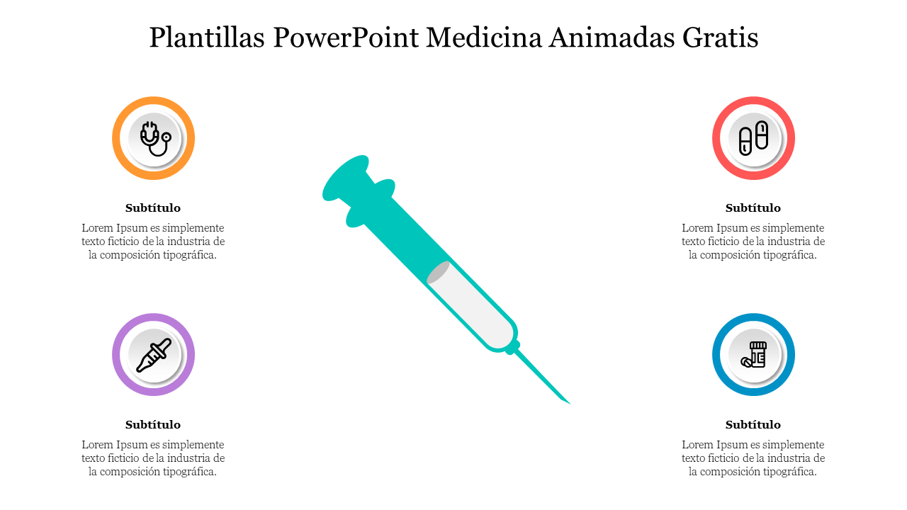 Syringe graphic  with four circular icons representing Plantillas PowerPoint Medicina Animadas Gratis and placeholder text.