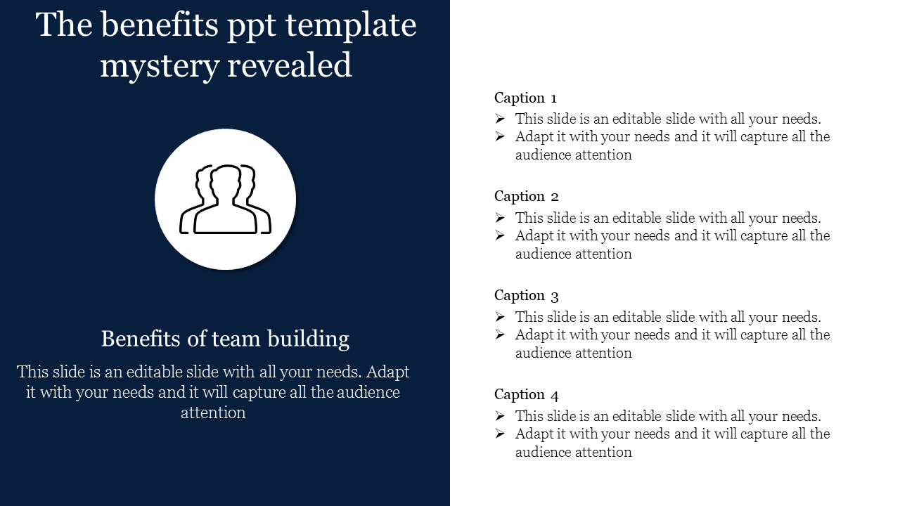 Design showing a team-building graphic icon and four caption placeholders on the right, numbered 1 to 4.