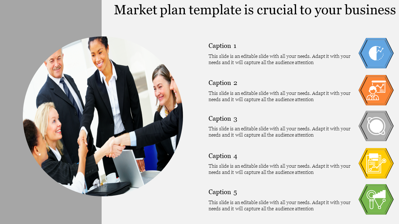 A market plan template featuring business professionals shaking hands with colorful hexagonal icons and captions.
