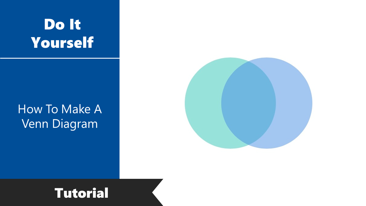 A tutorial on how to create a Venn diagram in PowerPoint, showing two colored overlapping circles on a split backdrop.