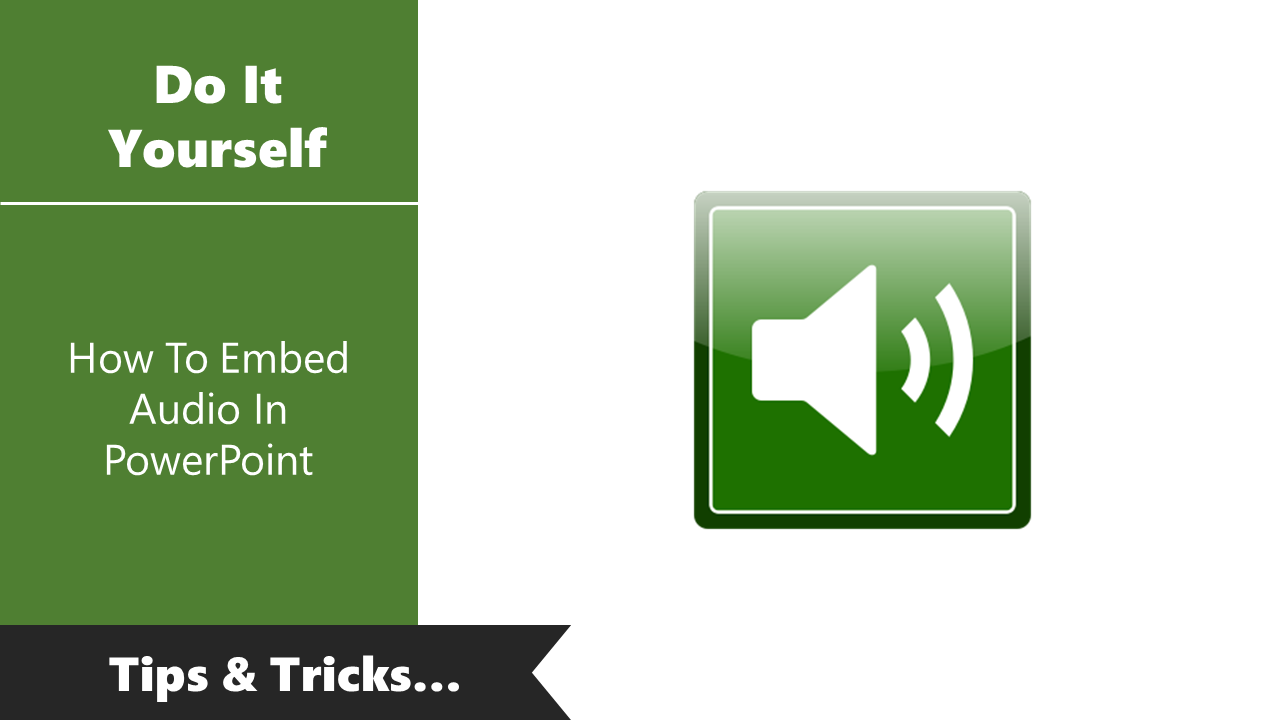 Audio embedding tutorial slide featuring a green speaker icon and instructional text in a split design.
