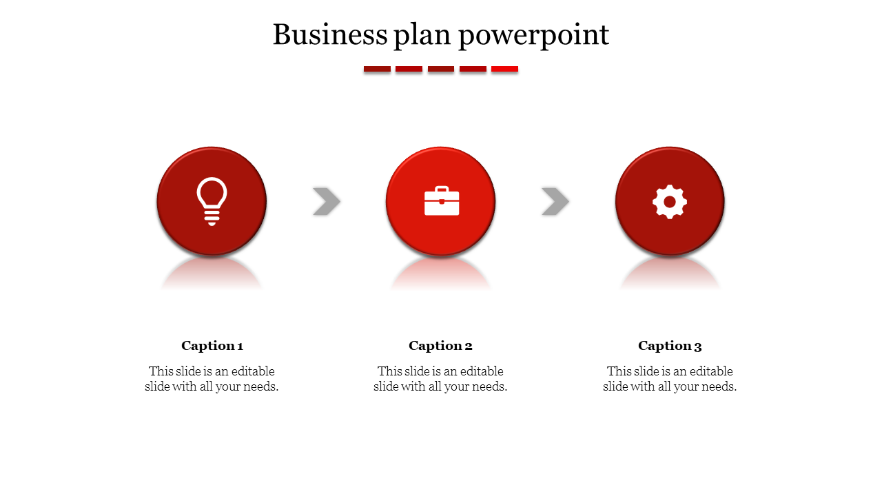 Three step business plan infographic with red circular icons for idea, briefcase, and gear, connected by gray arrows.