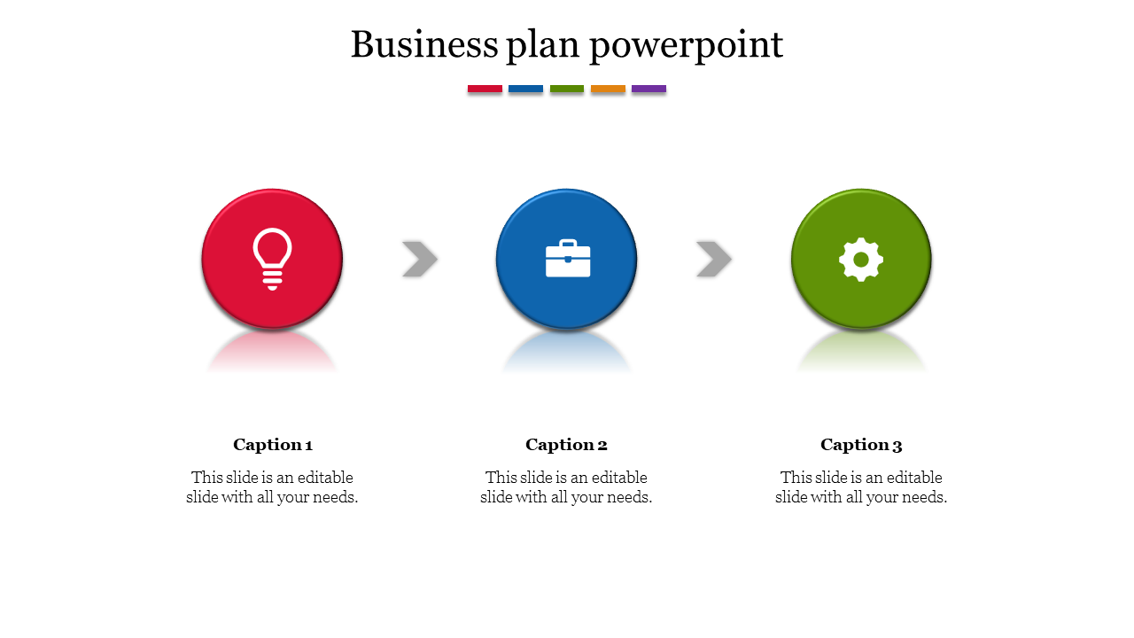 Business plan slide with red, blue, and green circular icons connected by gray arrows on a white background.
