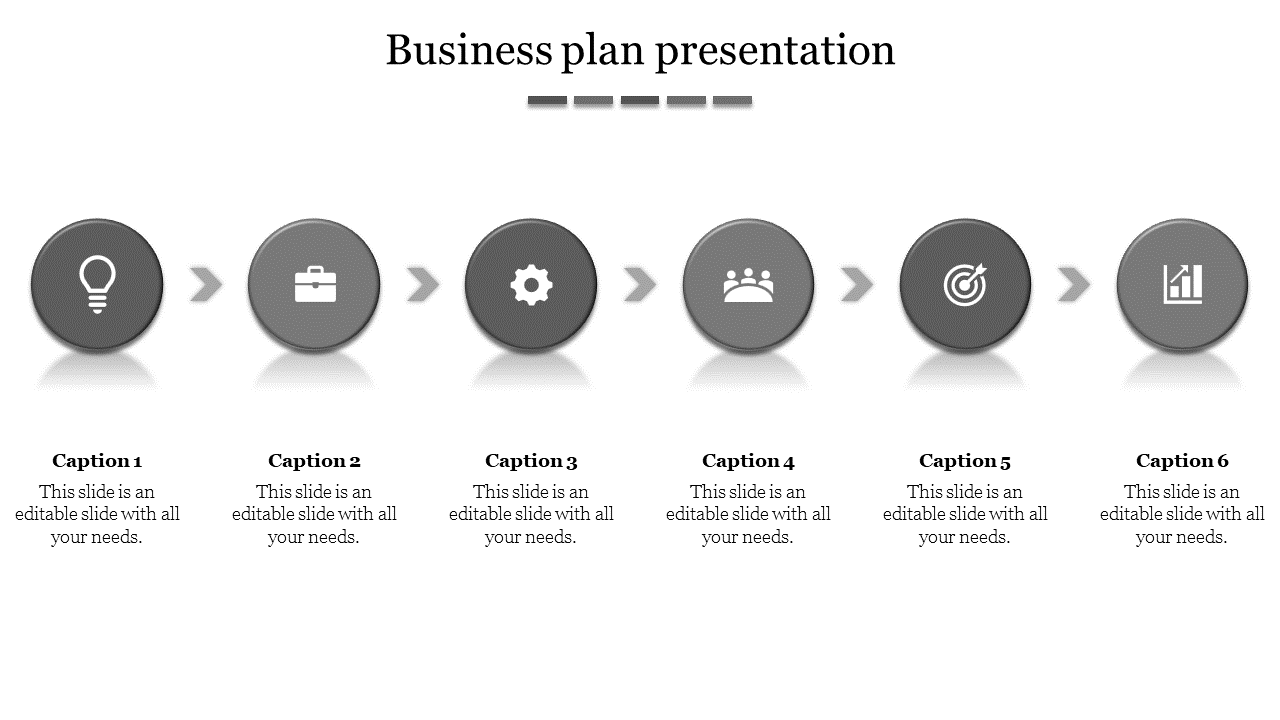 Business plan PPT slide with six gray circular sections representing stages in a business process, connected by arrows.
