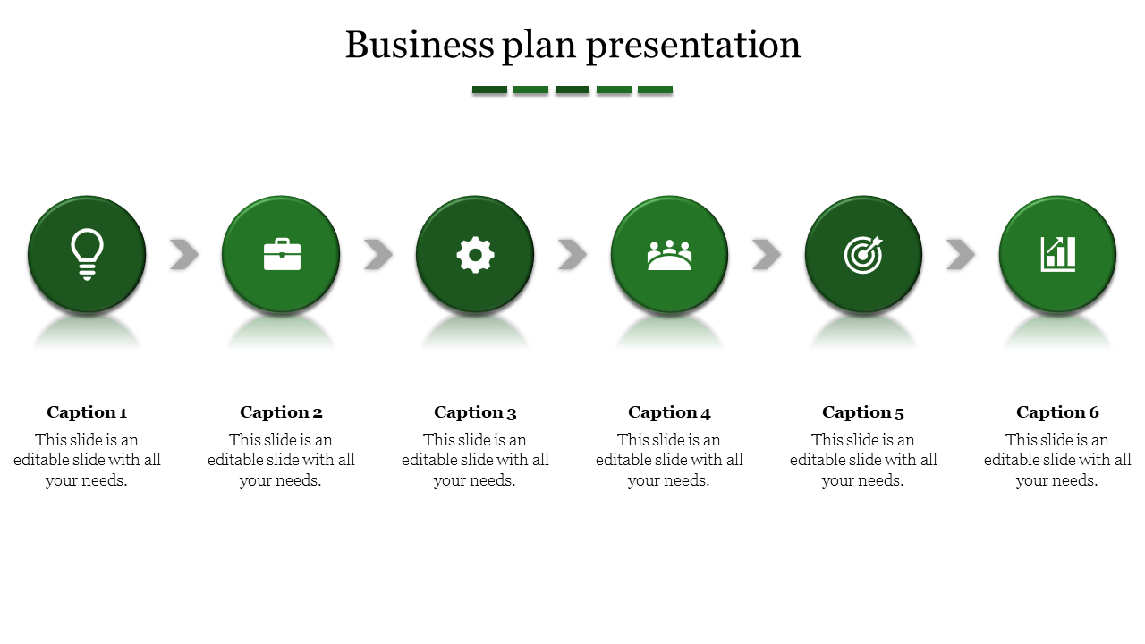 Business slide showcasing six green circular shapes in a row, representing steps, with arrows and captions underneath.