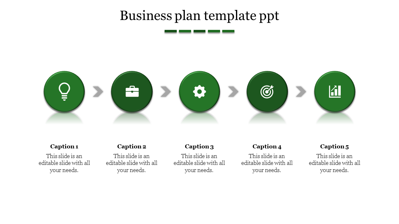 Business plan PPT slide with five green circles, each containing icons, connected by arrows with captions.