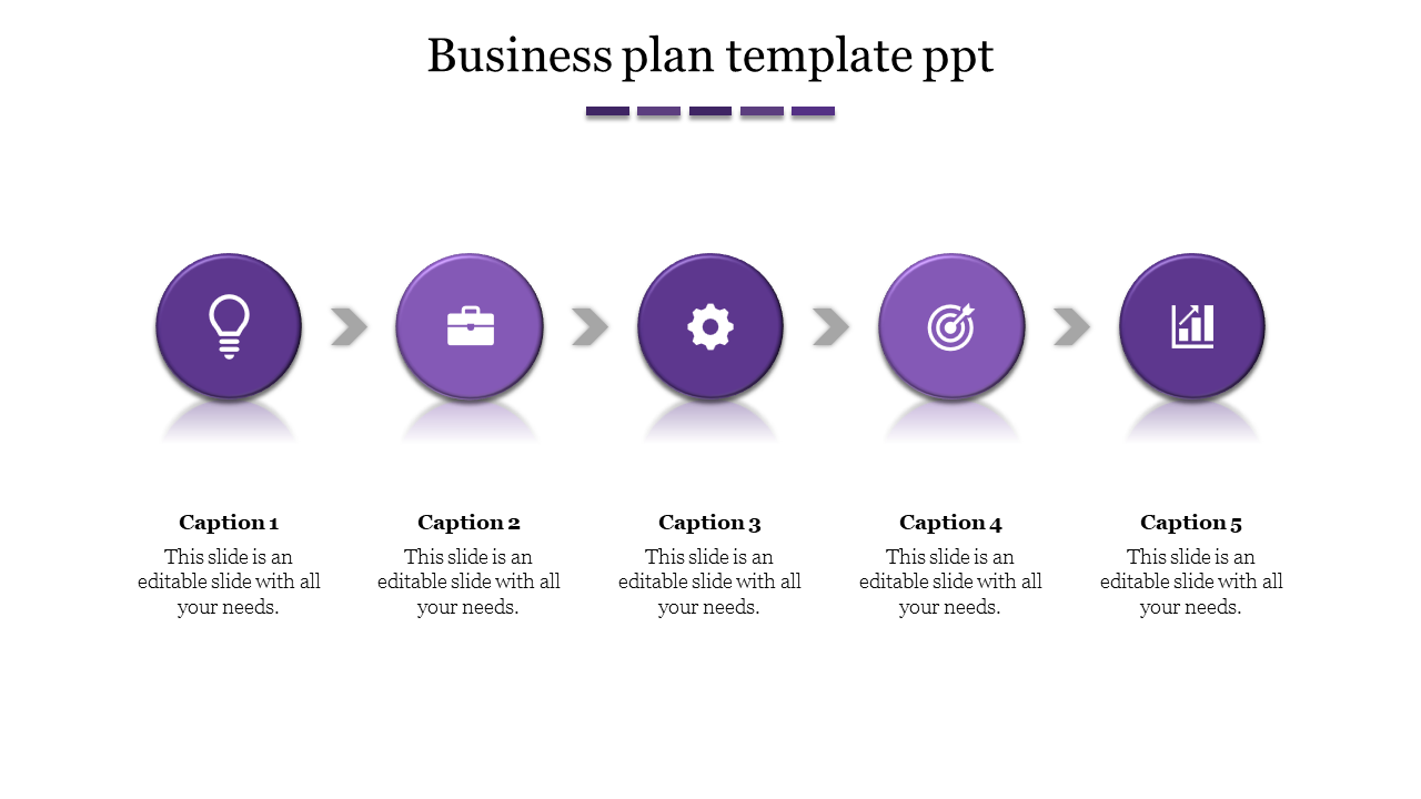 Step by step business plan infographic with five purple circles, each containing an icon, linked by gray arrows.