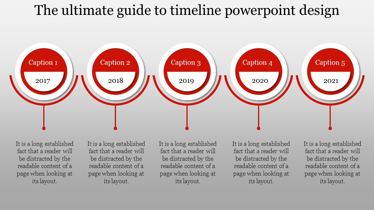 Timeline design featuring five evenly spaced circular markers in red and white, labeled by year from 2017 to 2021.