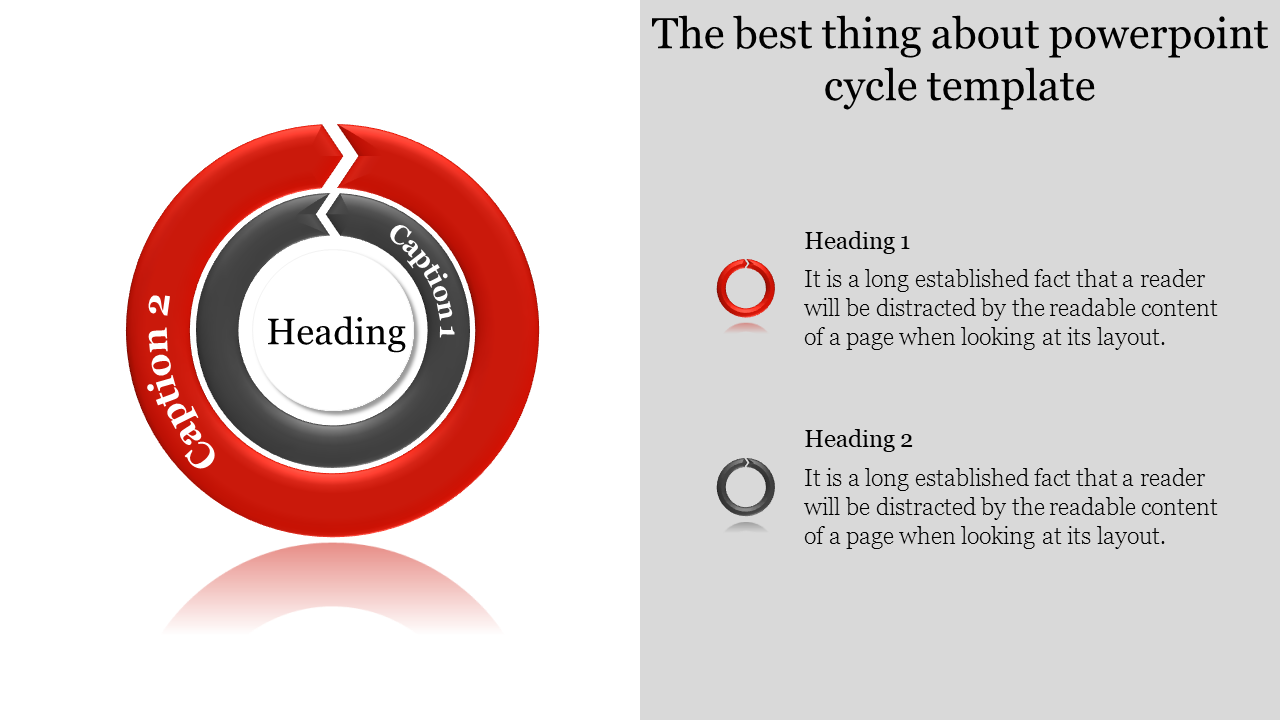Cycle template for PowerPoint showing two sections in red and black with captions and a central heading.