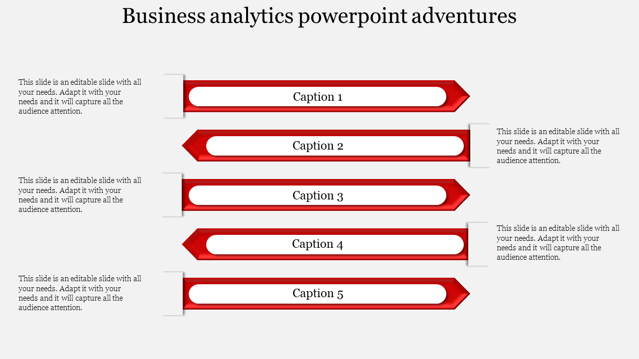PowerPoint slide with business analytics template featuring five red arrows and text captions.