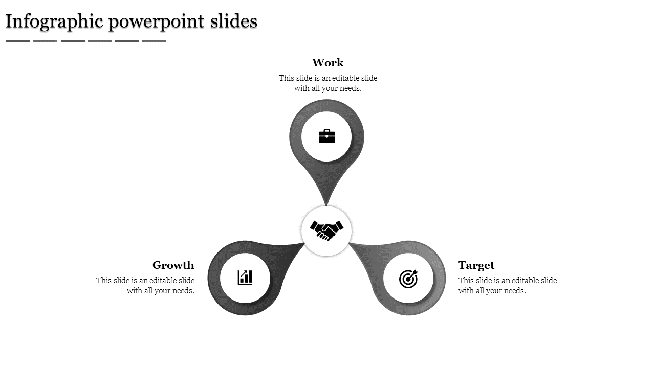 Infographic slide with three gray petal shaped nodes around a handshake icon, labeled as work, growth, and target.