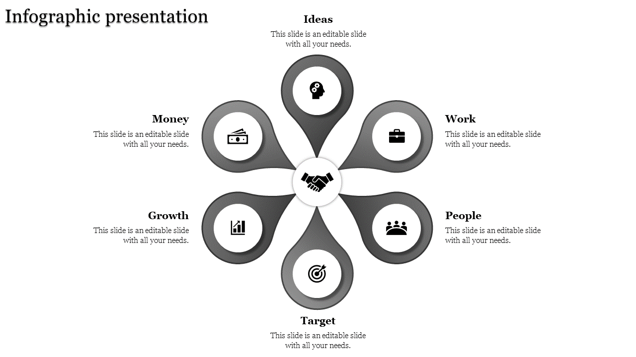 Gray themed infographic with six curved shapes radiating symmetrically around a central handshake symbol.