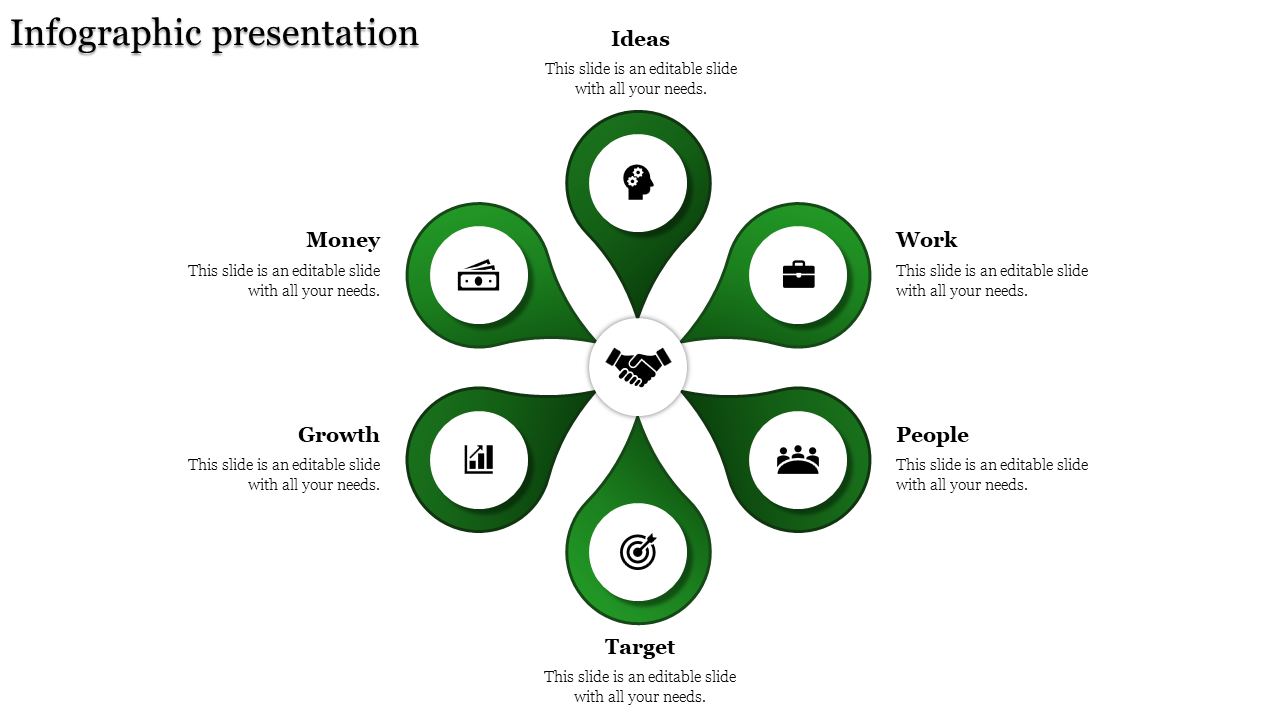 Business infographic with handshake icon and six green petal nodes for ideas, money, work, people, growth, and target.