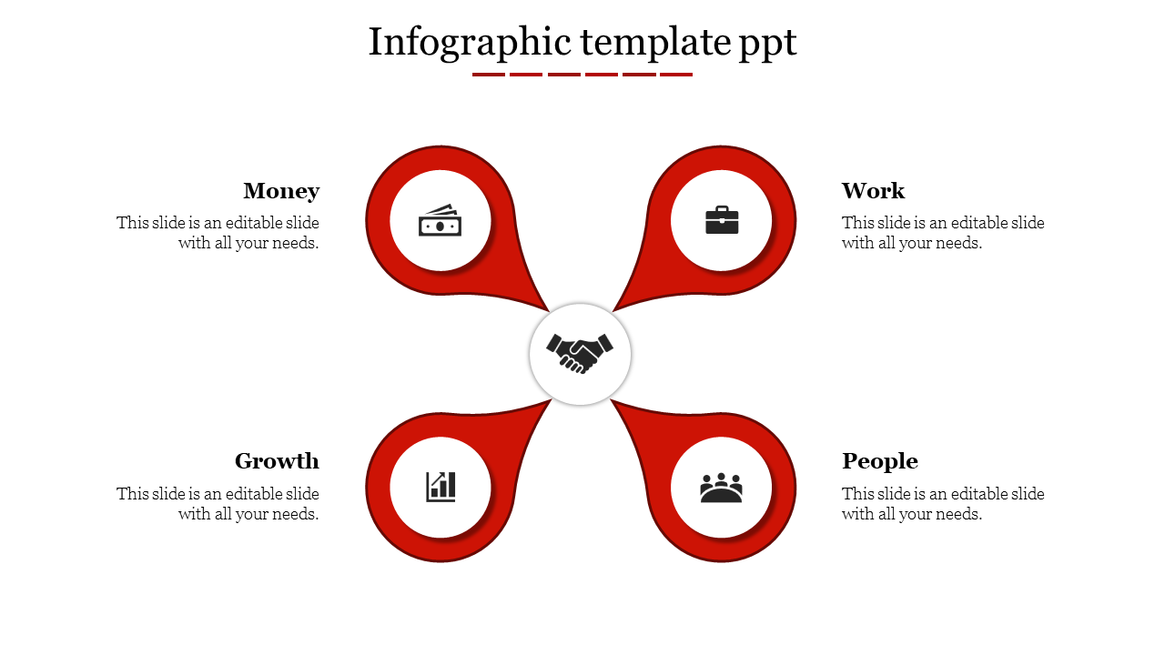 Infographic slide with a central handshake icon branching out to four red sections labeled money, work, growth, and people.