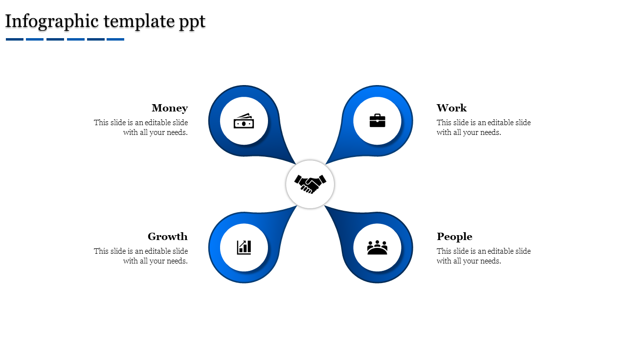 Circular layout with four blue petal shapes extending outward from a white center circle on a light background.