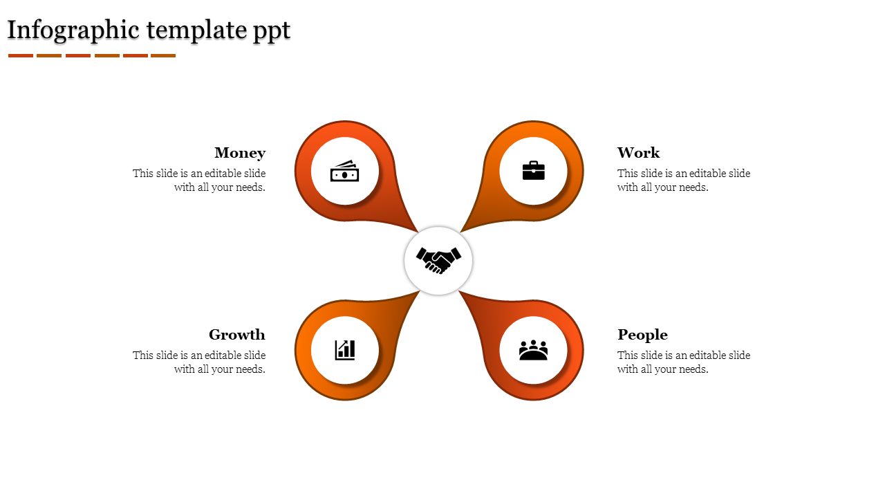 Infographic with a central circle and four orange curved petal shapes radiating symmetrically in all directions.
